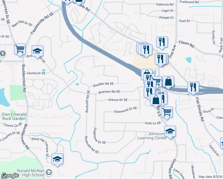 map of restaurants, bars, coffee shops, grocery stores, and more near 2349 Boulder Road Southeast in Atlanta