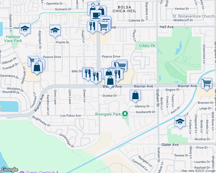 map of restaurants, bars, coffee shops, grocery stores, and more near 5095 Warner Avenue in Huntington Beach