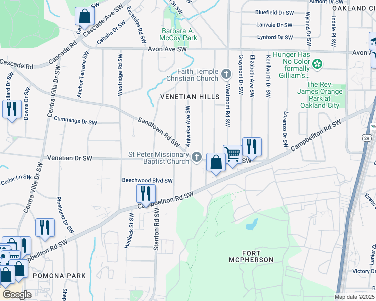 map of restaurants, bars, coffee shops, grocery stores, and more near 1605 Sandtown Road Southwest in Atlanta