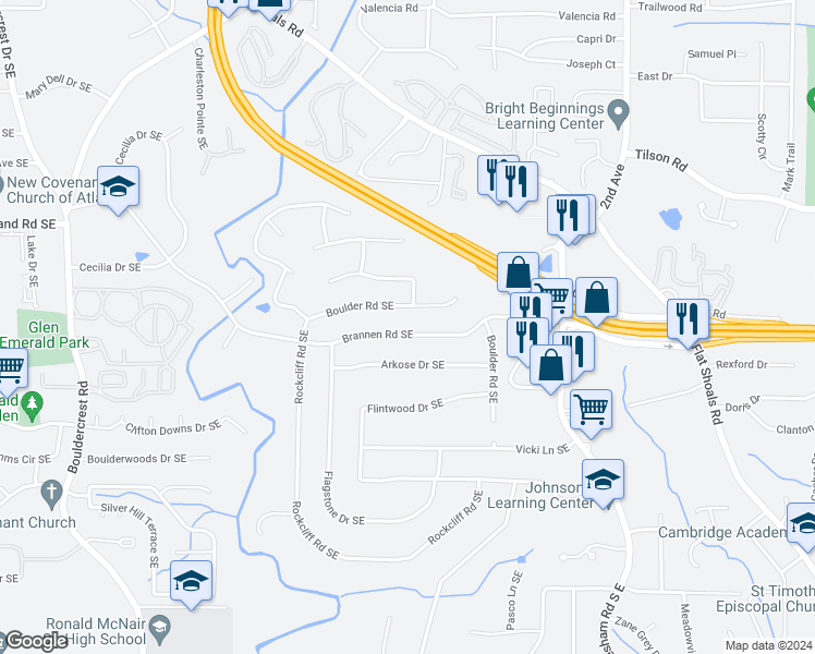map of restaurants, bars, coffee shops, grocery stores, and more near 2170 Brannen Road Southeast in Atlanta