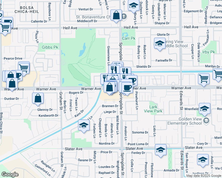map of restaurants, bars, coffee shops, grocery stores, and more near 5787 Warner Avenue in Huntington Beach