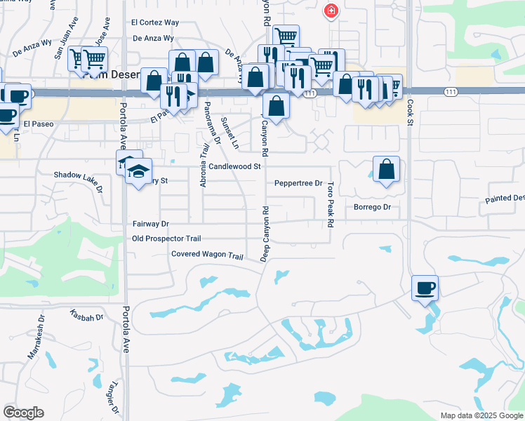 map of restaurants, bars, coffee shops, grocery stores, and more near 74468 Peppergrass Street in Palm Desert