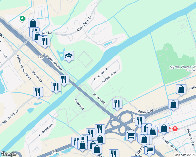 map of restaurants, bars, coffee shops, grocery stores, and more near 300 Pilothouse Drive in Myrtle Beach