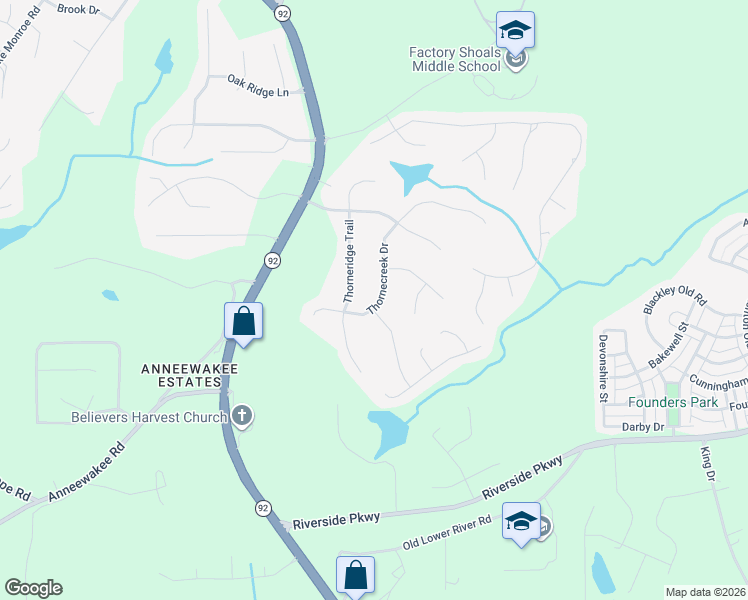 map of restaurants, bars, coffee shops, grocery stores, and more near 3303 Thornecreek Drive in Douglasville