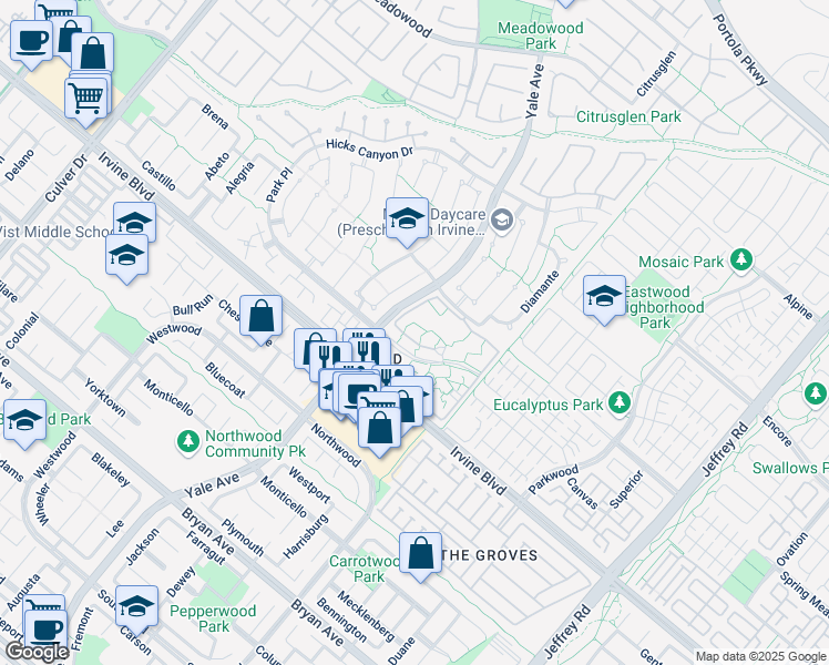 map of restaurants, bars, coffee shops, grocery stores, and more near 211 Lakepines in Irvine