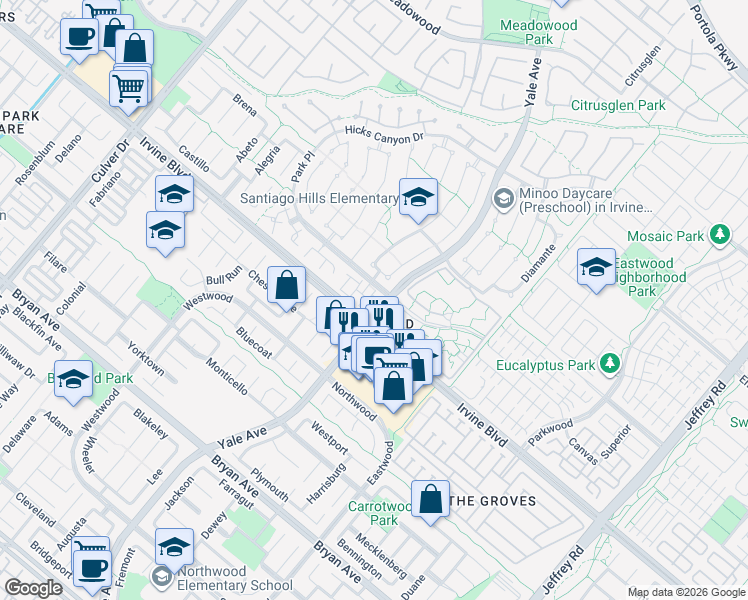 map of restaurants, bars, coffee shops, grocery stores, and more near 27 Park Place in Irvine