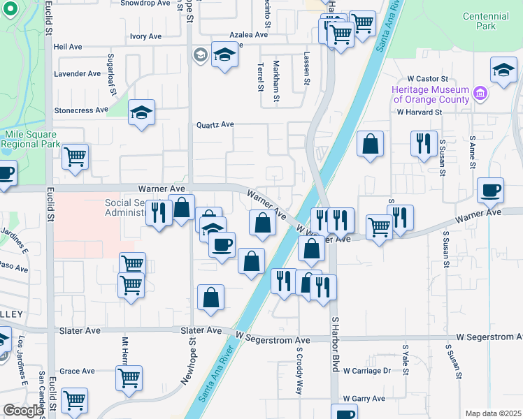 map of restaurants, bars, coffee shops, grocery stores, and more near 11770 Warner Avenue in Fountain Valley