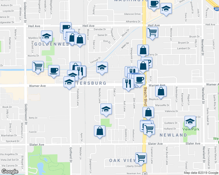 map of restaurants, bars, coffee shops, grocery stores, and more near 7681 Fir Drive in Huntington Beach