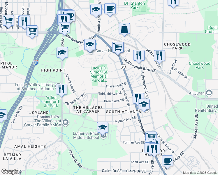 map of restaurants, bars, coffee shops, grocery stores, and more near 49 Thayer Avenue Southeast in Atlanta