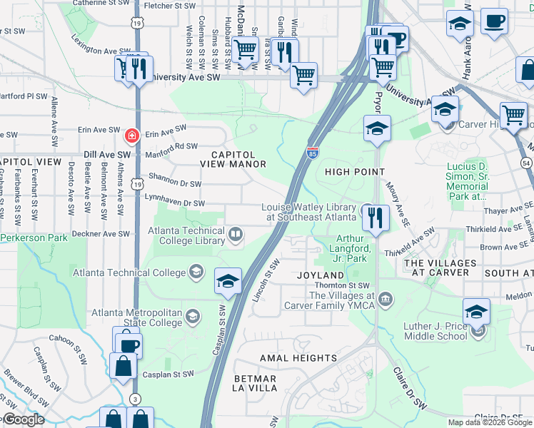 map of restaurants, bars, coffee shops, grocery stores, and more near 384 Lynnhaven Drive Southwest in Atlanta