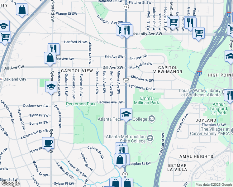 map of restaurants, bars, coffee shops, grocery stores, and more near 1449 Athens Avenue Southwest in Atlanta