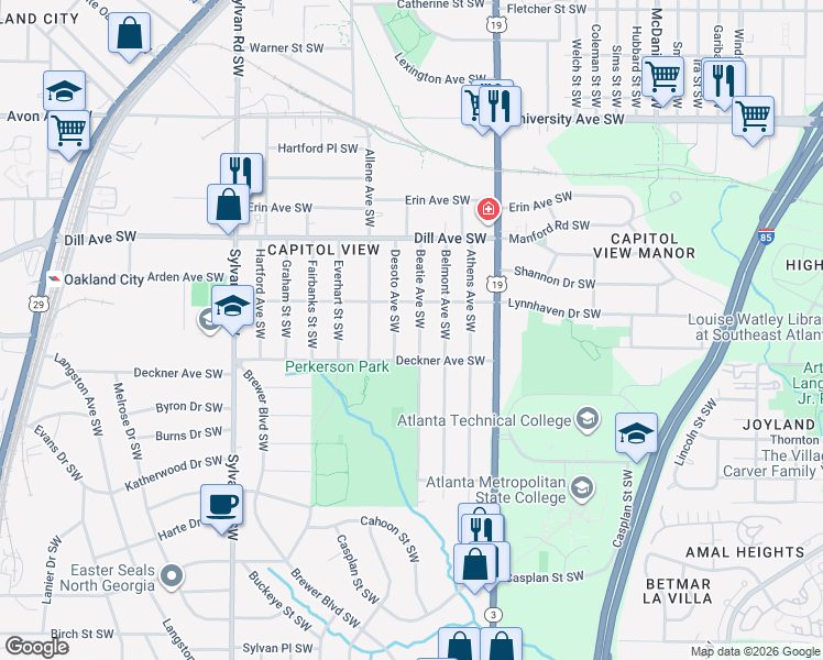 map of restaurants, bars, coffee shops, grocery stores, and more near 1439 Beatie Avenue Southwest in Atlanta