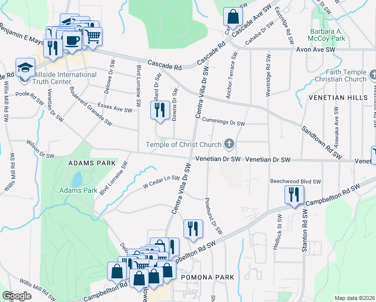 map of restaurants, bars, coffee shops, grocery stores, and more near 1466 Centra Villa Drive Southwest in Atlanta