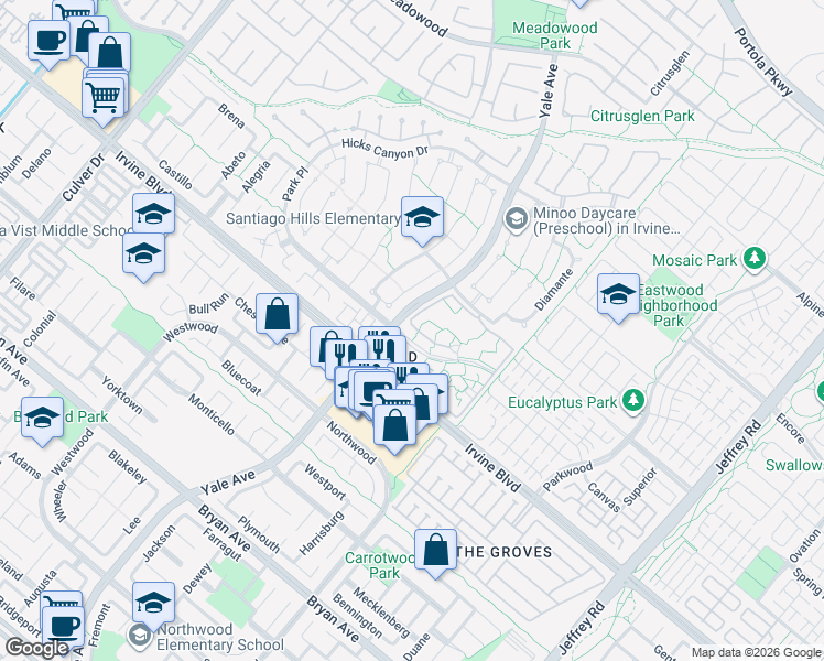 map of restaurants, bars, coffee shops, grocery stores, and more near 29 Lakepines in Irvine