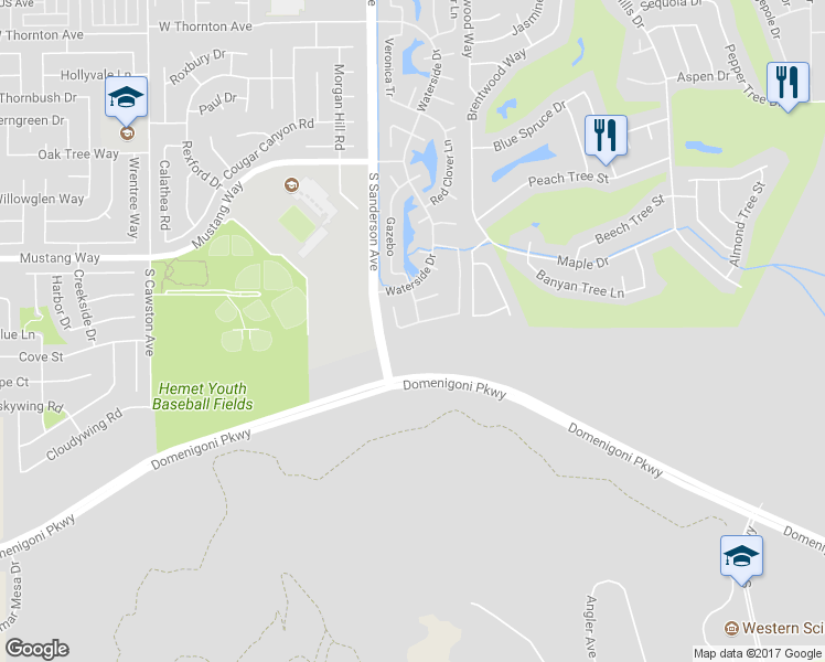 map of restaurants, bars, coffee shops, grocery stores, and more near 3179 Red Cedar Trail in Hemet