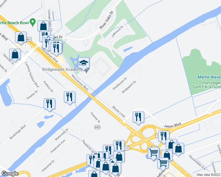 map of restaurants, bars, coffee shops, grocery stores, and more near 269 Pilothouse Drive in Myrtle Beach