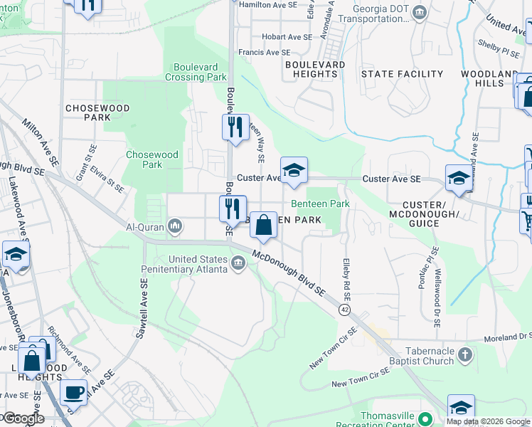 map of restaurants, bars, coffee shops, grocery stores, and more near 1425 Funston Street Southeast in Atlanta