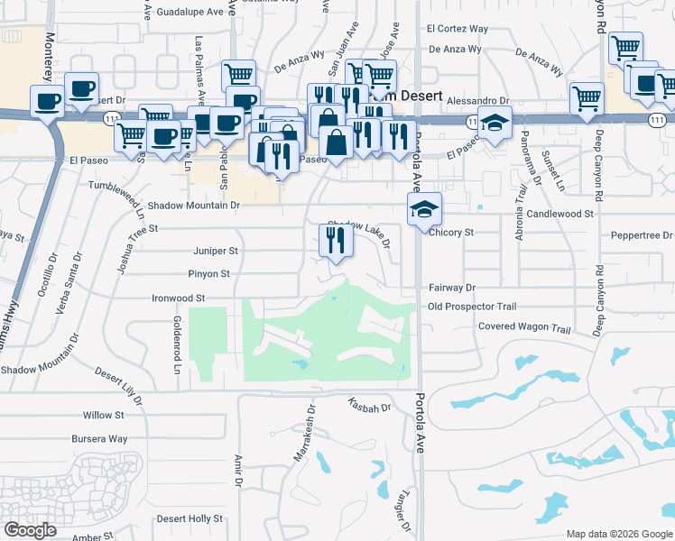 map of restaurants, bars, coffee shops, grocery stores, and more near 45750 San Luis Rey Avenue in Palm Desert