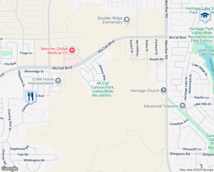 map of restaurants, bars, coffee shops, grocery stores, and more near 27896 Almont Way in Menifee