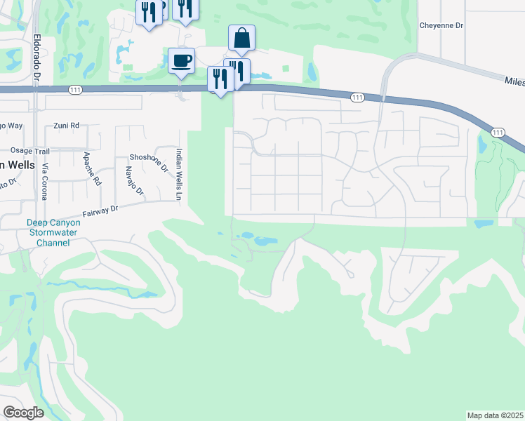 map of restaurants, bars, coffee shops, grocery stores, and more near 76750 Iroquois Drive in Indian Wells