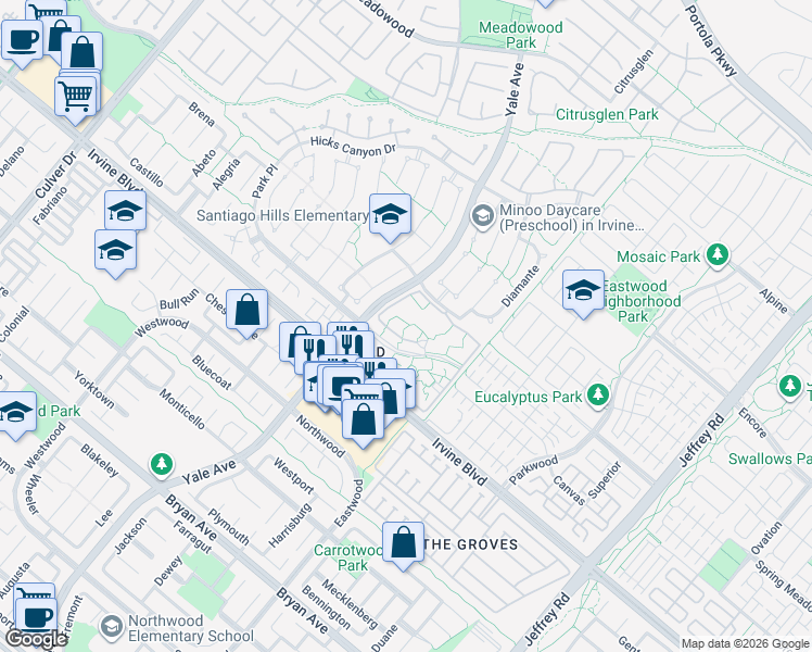 map of restaurants, bars, coffee shops, grocery stores, and more near 82 Lakepines in Irvine