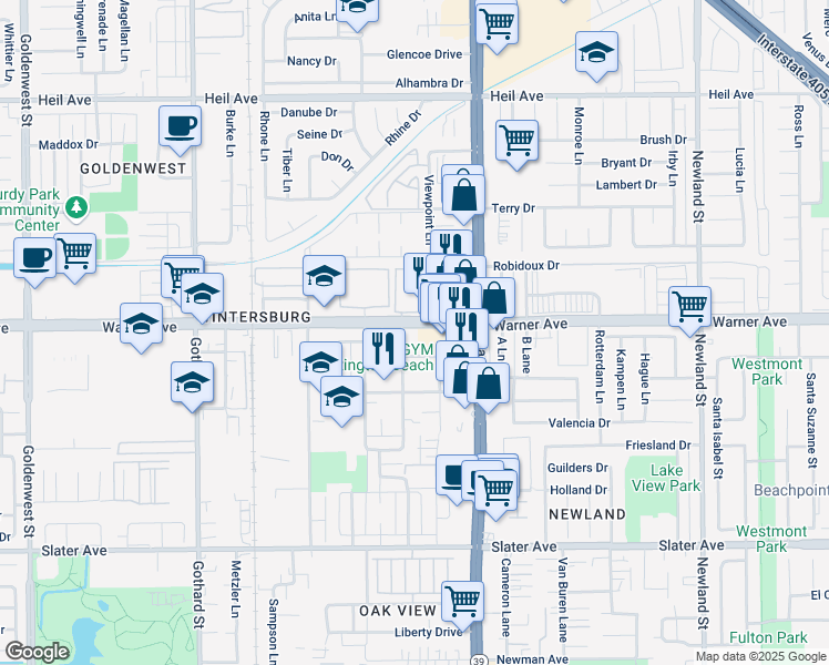 map of restaurants, bars, coffee shops, grocery stores, and more near 7822 Warner Avenue in Huntington Beach