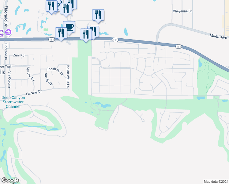 map of restaurants, bars, coffee shops, grocery stores, and more near 76850 Iroquois Drive in Indian Wells