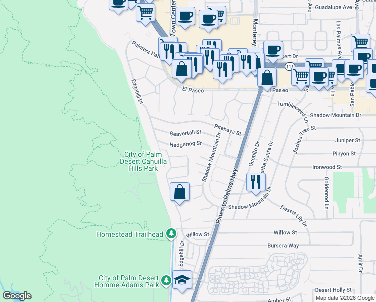 map of restaurants, bars, coffee shops, grocery stores, and more near 112 Chelsea Circle in Palm Desert