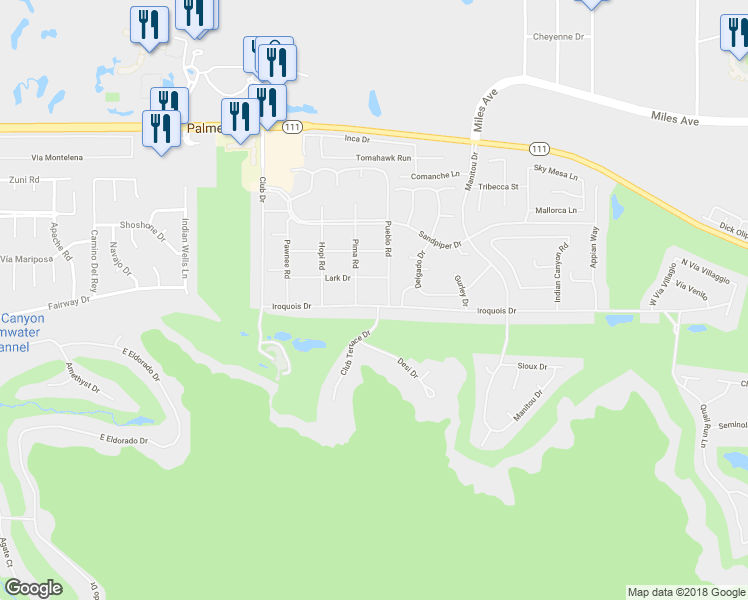 map of restaurants, bars, coffee shops, grocery stores, and more near 76970 Iroquois Drive in Indian Wells