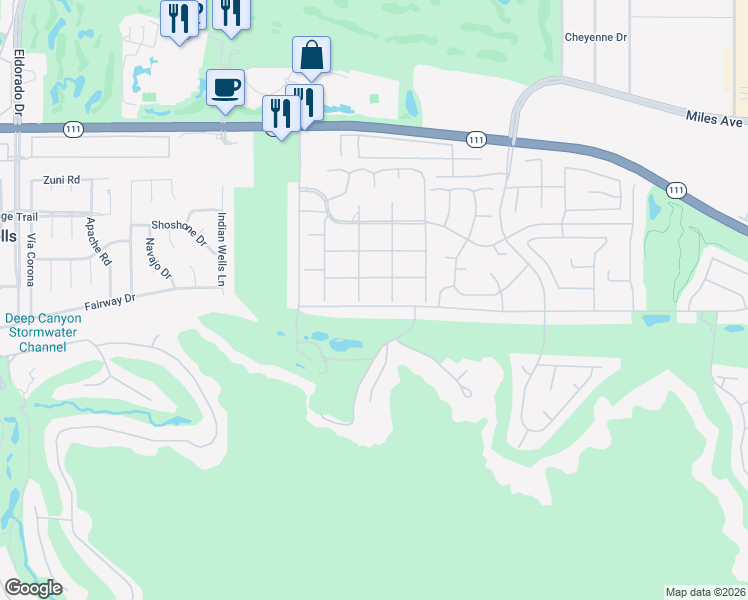 map of restaurants, bars, coffee shops, grocery stores, and more near 76850 Iroquois Drive in Indian Wells
