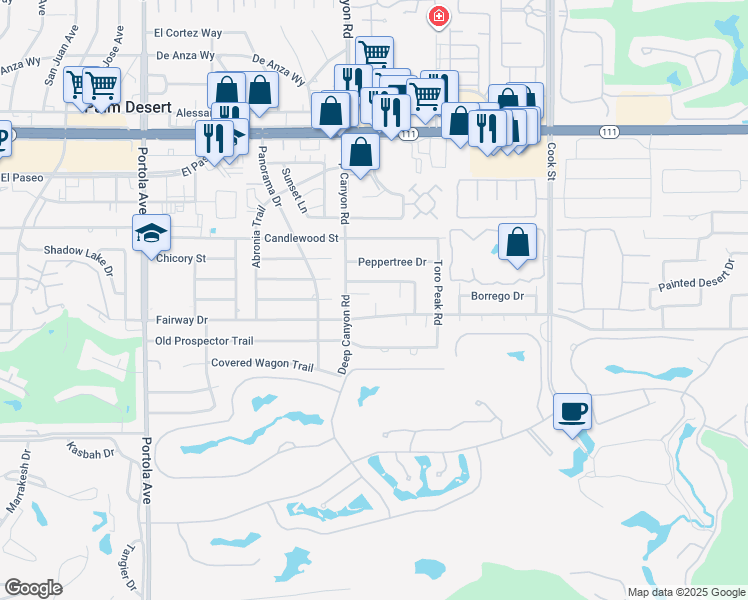 map of restaurants, bars, coffee shops, grocery stores, and more near 74576 Fairway Drive in Palm Desert