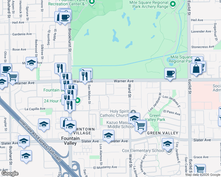 map of restaurants, bars, coffee shops, grocery stores, and more near in Fountain Valley