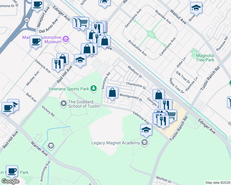 map of restaurants, bars, coffee shops, grocery stores, and more near 1427 Montgomery Street in Tustin