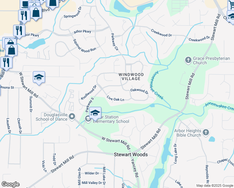map of restaurants, bars, coffee shops, grocery stores, and more near 9890 Live Oak Court in Douglasville