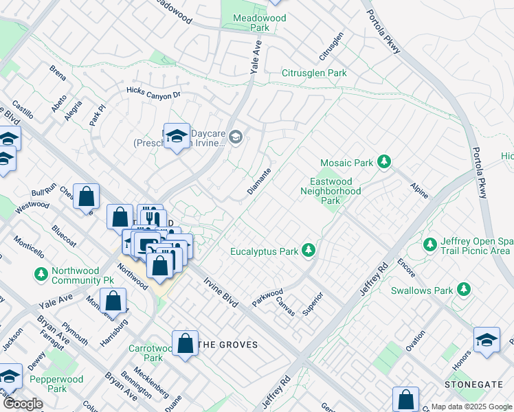 map of restaurants, bars, coffee shops, grocery stores, and more near 128 Pewter in Irvine