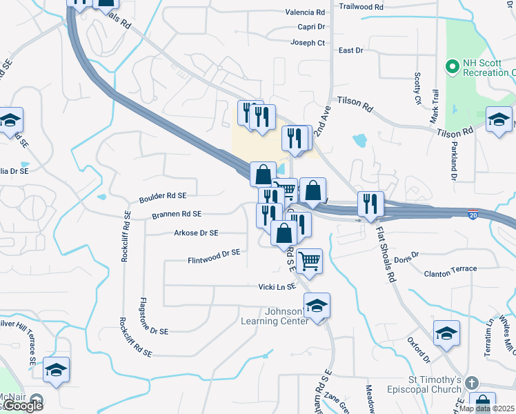 map of restaurants, bars, coffee shops, grocery stores, and more near 2245 Brannen Road Southeast in Atlanta