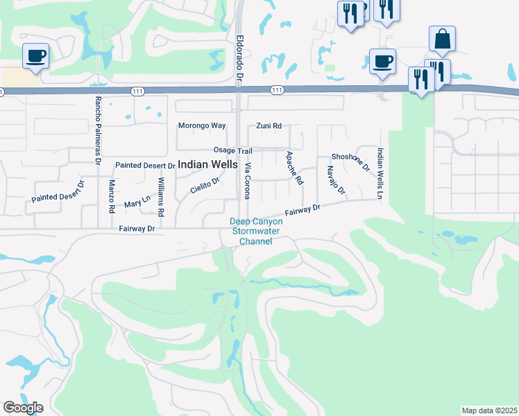 map of restaurants, bars, coffee shops, grocery stores, and more near 45911 Paseo Coronado in Indian Wells