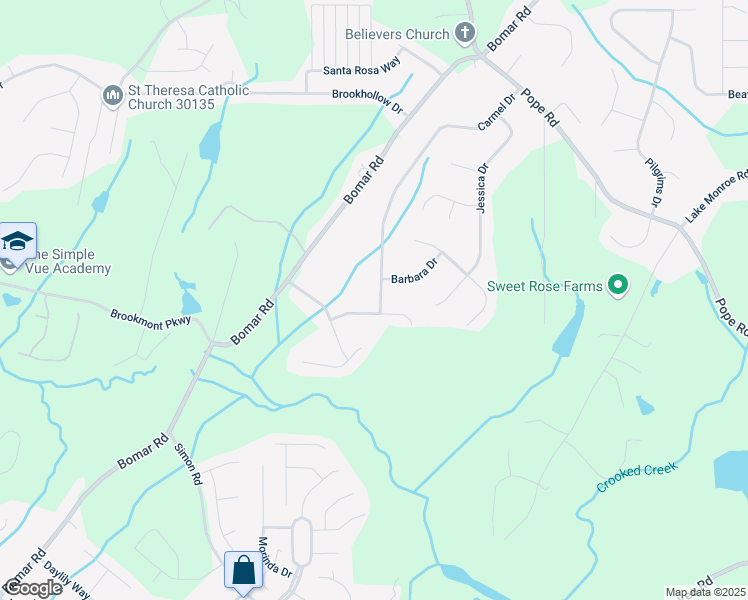 map of restaurants, bars, coffee shops, grocery stores, and more near 3299 Carmel Drive in Douglasville