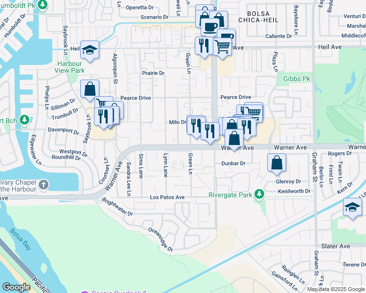 map of restaurants, bars, coffee shops, grocery stores, and more near 4861 Warner Avenue in Huntington Beach