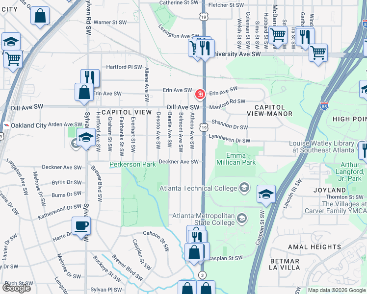 map of restaurants, bars, coffee shops, grocery stores, and more near 1444 Belmont Avenue Southwest in Atlanta
