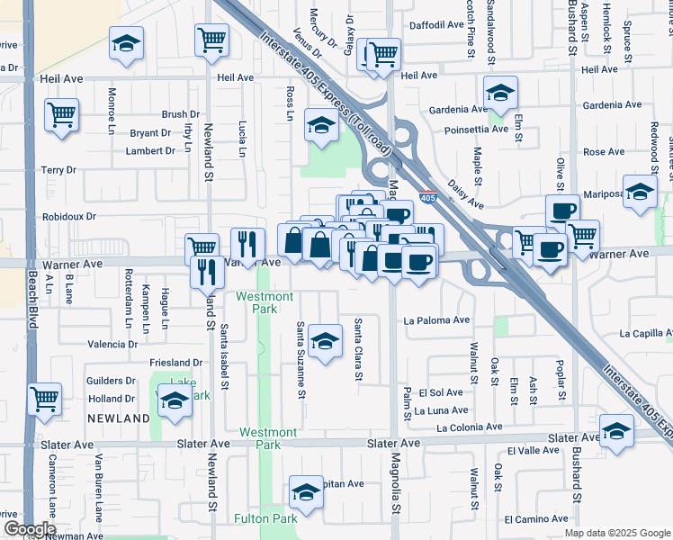 map of restaurants, bars, coffee shops, grocery stores, and more near 8800 Warner Avenue in Fountain Valley