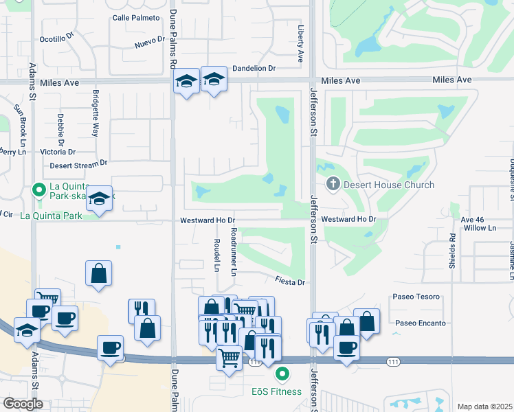 map of restaurants, bars, coffee shops, grocery stores, and more near 79802 Carmel Valley Avenue in Indio