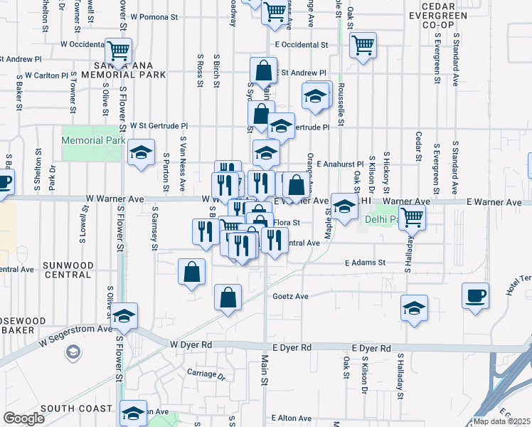 map of restaurants, bars, coffee shops, grocery stores, and more near 2322 Main Street in Santa Ana