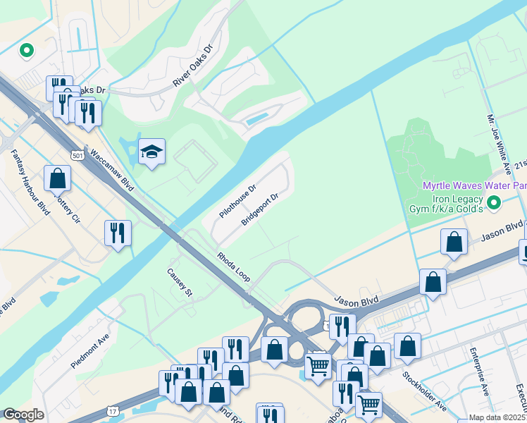 map of restaurants, bars, coffee shops, grocery stores, and more near 570 Bridgeport Drive in Myrtle Beach