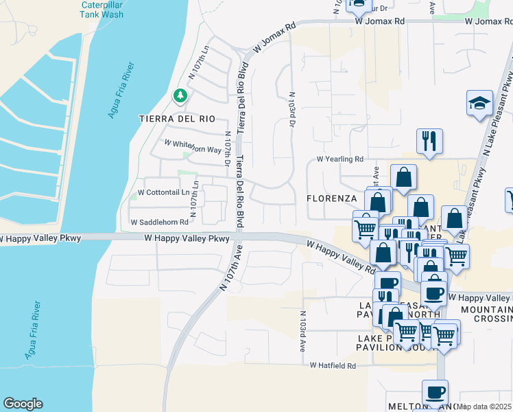 map of restaurants, bars, coffee shops, grocery stores, and more near 10565 West Cottontail Lane in Peoria