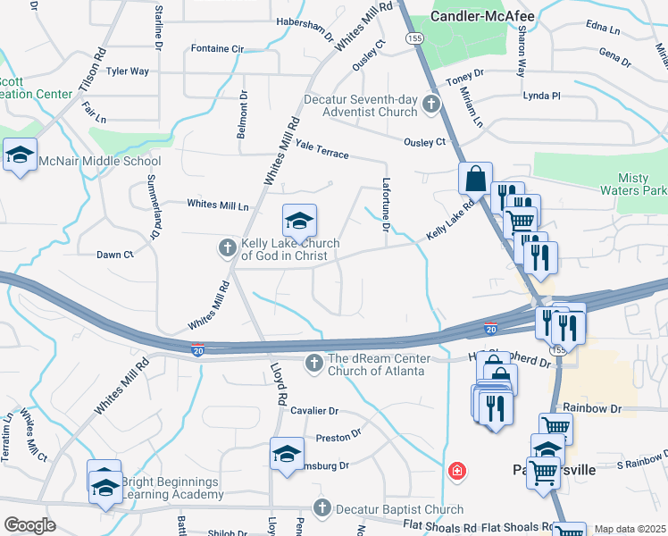 map of restaurants, bars, coffee shops, grocery stores, and more near 2645 Kelly Lake Road in Decatur