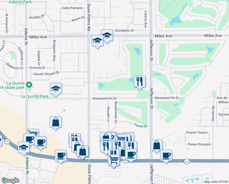 map of restaurants, bars, coffee shops, grocery stores, and more near 79706 Carmel Valley Avenue in Indio