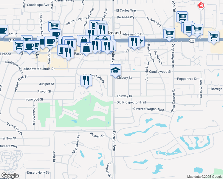 map of restaurants, bars, coffee shops, grocery stores, and more near 45820 Mountain View Avenue in Palm Desert