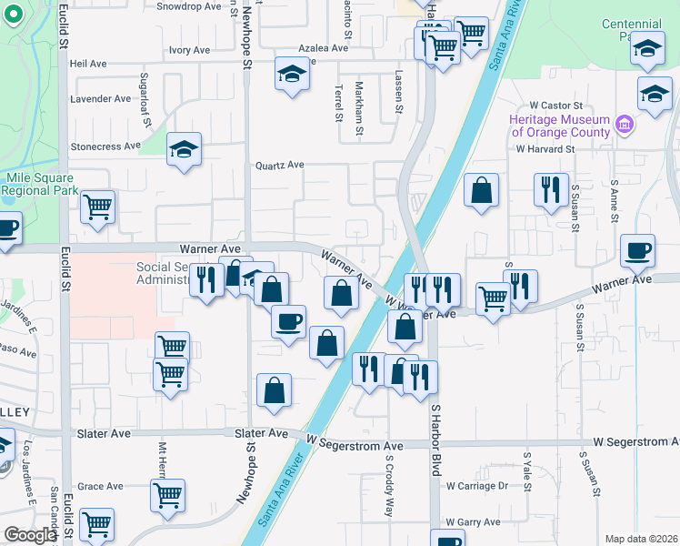 map of restaurants, bars, coffee shops, grocery stores, and more near 11770 Warner Avenue in Fountain Valley