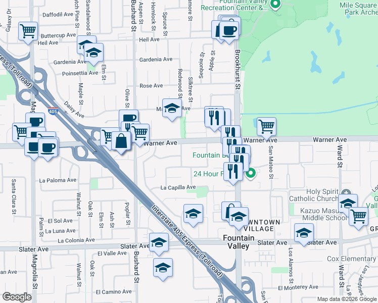 map of restaurants, bars, coffee shops, grocery stores, and more near 9730 El Greco Circle in Fountain Valley